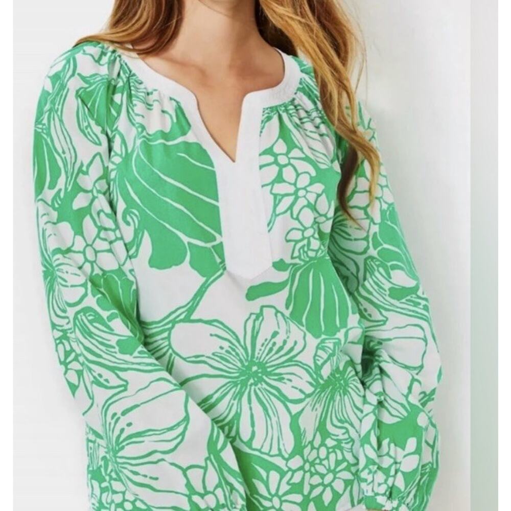 Lilly Pulitzer Camryn Tops ,Tunic in the Spearmint Green Kiss My Tulips XXS - Picture 2 of 8